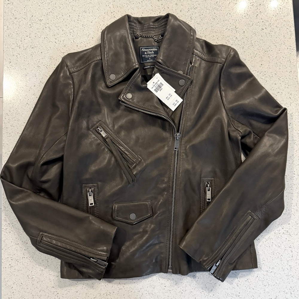 NWT Abercrombie & Fitch Genuine Leather Moto Jacket Brown Small